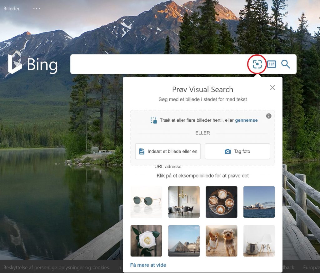 Fra Bing kan du nu også foretage billedsøgning ved klik på det lille symbol i den røde cirkel.