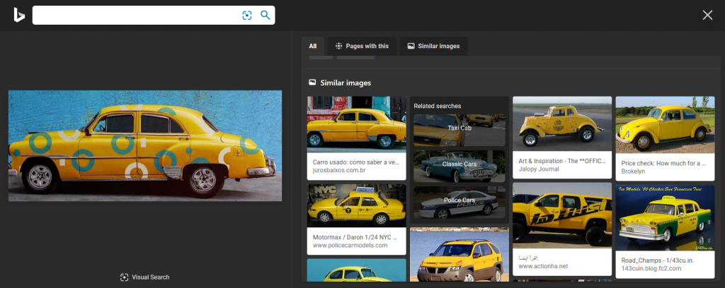 Søgning via søgefeltet med et udsnit af et foto. Dette var, hvad Bing kunne finde af lignende billeder på nettet.