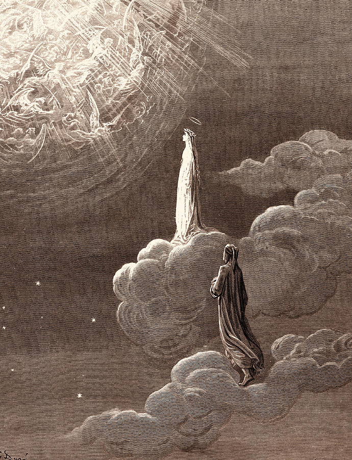 Beatrice og Dante stiger op til den femte himmel. Dantes elskede Beatrice, som Paul Gustave Doré har tegnet hende til Dantes Guddommelige Komedie.