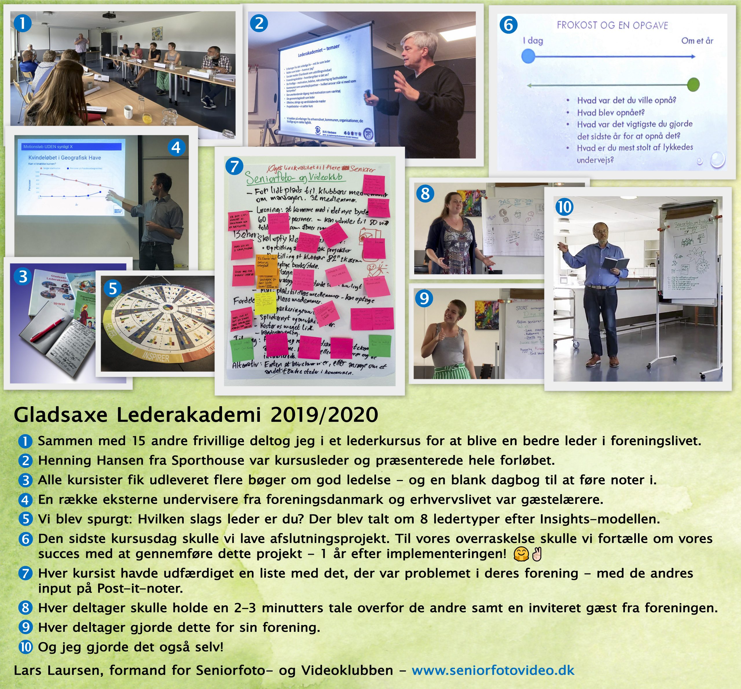 En fotoserie om Lars Laursens deltagelse i et lederkursus for frivillige på Gladsaxe Lederakademi i 2019/2020 – her med tekst på grøn baggrund. Kan forstørres. 