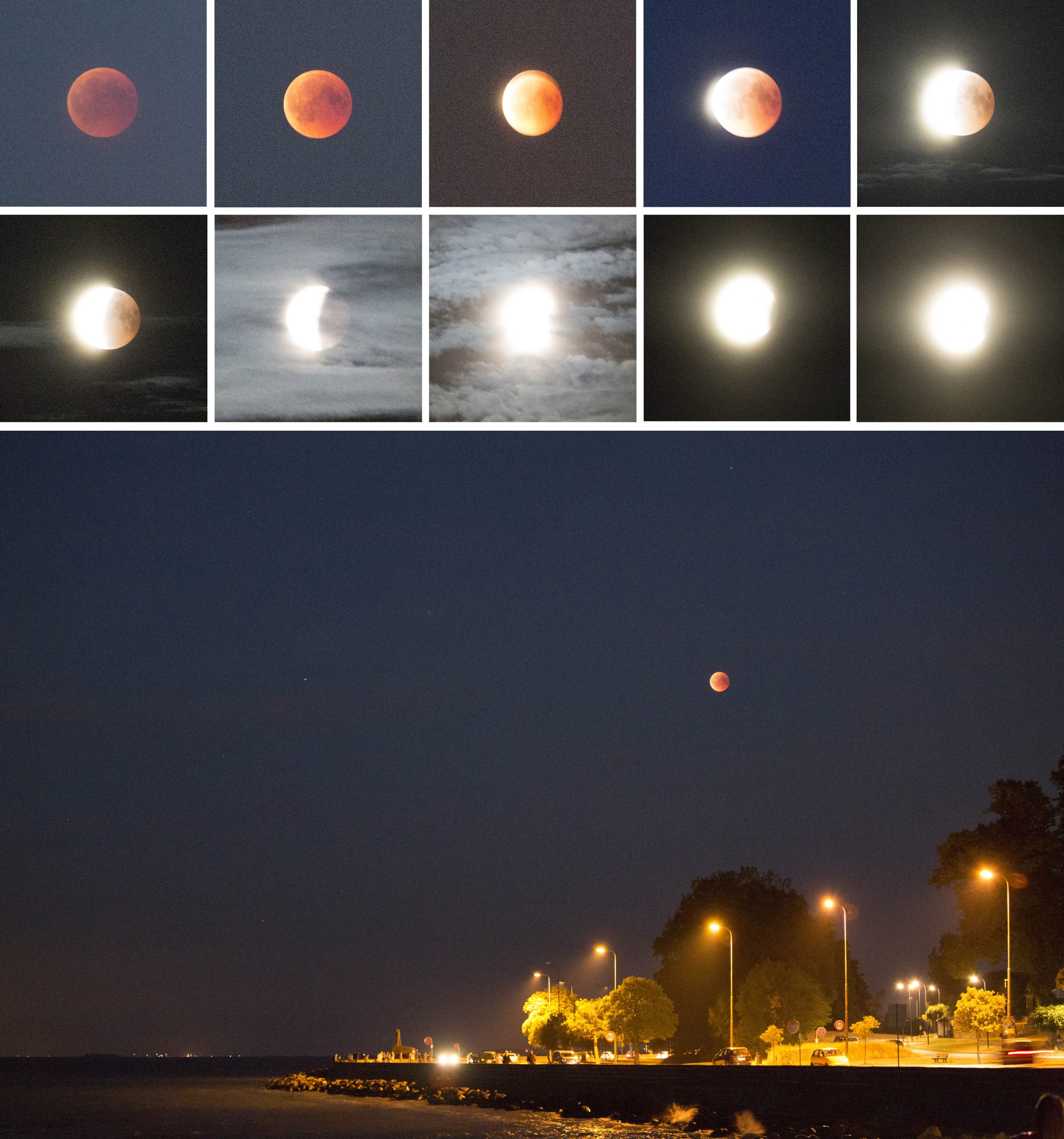 Fotoserie: Optaget af Reza Pakzad. Måneformørkelse og blodmåne den 27. juli 2018 ved Klampenborg Strand. Fotoserien er sat sammen af Lars Laursen.