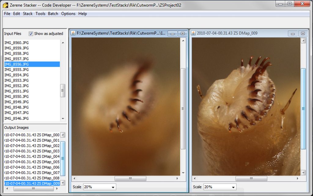 Et eksempel på brug af programmet Zerene Stacker. Til venstre ses et enkeltfoto og til højre det samlede billede.