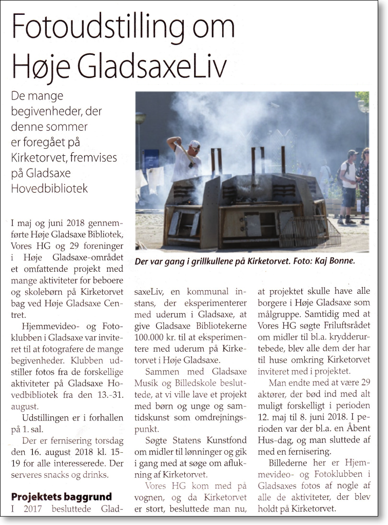 Artikel om klubbens fotoudstilling i Gladsaxe Bladet den 14. august 2018.